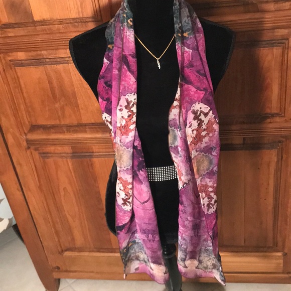 Long 63” rectangular SCARF in purple/orchid colors; watercolors-like pattern. - Picture 2 of 6